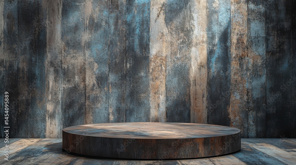 Fototapeta premium Rustic Wooden Stage with Textured Walls and Soft Lighting Effects
