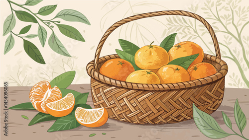 Mandarin in wicker basket with mandarin slice in natural background vector design, Mandarin illustration vector design