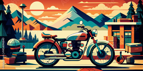Retro motorcycle, vintage illustration, sunset landscape, mountains, geometric shapes, vibrant colors, stylized design, mid-century modern, flat art style, pine trees, cabin, warm color palette