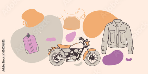 Vintage motorcycle illustration, flat design, retro color palette, motorcycle parts and accessories, classic bike