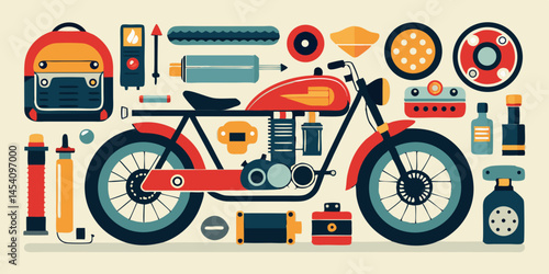 Vintage motorcycle illustration, flat design, retro color palette, motorcycle parts and accessories, classic bike, toolbox, wrench, speedometer, helmet, gas can, spark plug, tire, engine, headlight