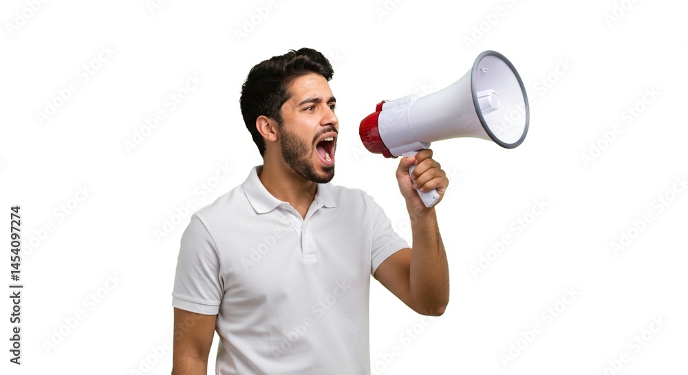 A man makes an announcement holding a megaphone against a white background. He has dark hair and a beard, wearing a white short sleeved shirt. A man makes an announcement holding a megaphone against a white background. He has dark hair and a beard, wearing a white short sleeved shirt.