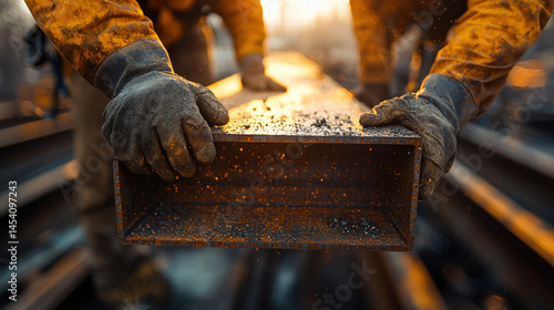 Workers in gloves carefully handle a rusty, rectangular metal beam outdoors at sunset