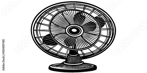 vintage electric fan, detailed mechanical illustration, black and white drawing, retro household appliance, circular blade design, oscillating base, art deco style, intricate line work