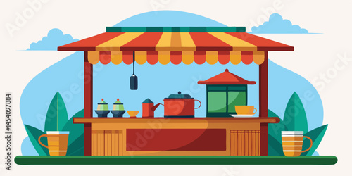 Cartoon Tea stall, vibrant colors, street market, awning, snacks and drinks, hanging lamps, potted plants, flat design, vector illustration, cheerful atmosphere, outdoor eatery, compact kiosk, street