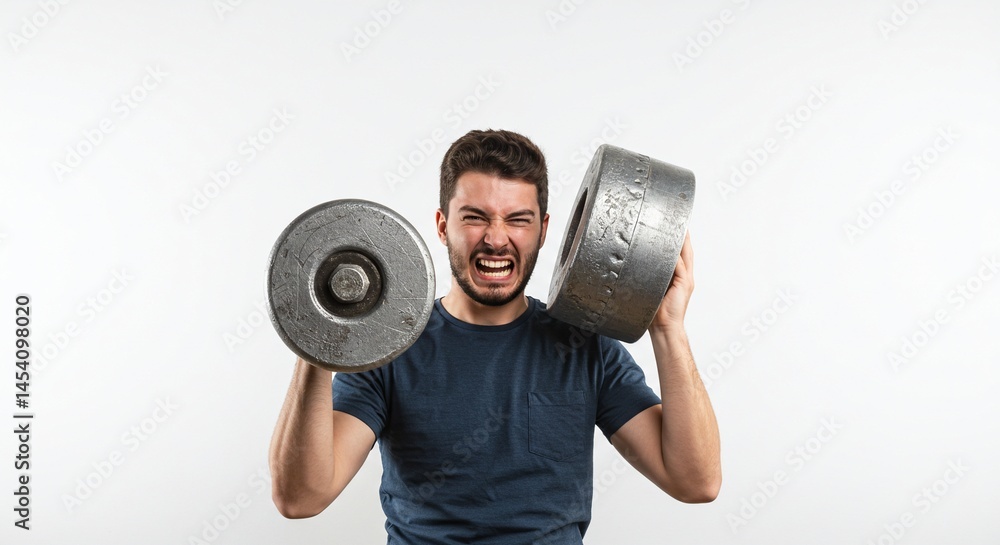 A man struggles to lift heavy weights with an expression of intense exertion, showcasing the effort and strain of strength training. A man struggles to lift heavy weights with an expression of intense exertion, showcasing the effort and strain of strength training.