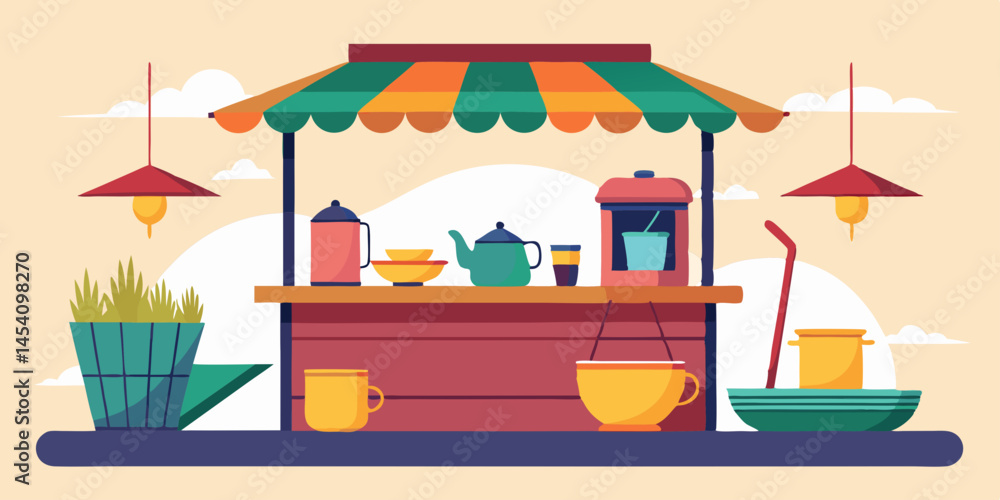 Obraz premium Cartoon Tea stall, vibrant colors, street market, awning, snacks and drinks, hanging lamps, potted plants, flat design, vector illustration, cheerful atmosphere, outdoor eatery, compact kiosk, street