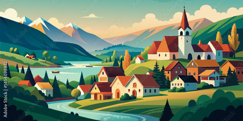 Naklejka premium Colorful cartoon village, whimsical houses, curvy roads, vibrant landscape, playful architecture, rounded shapes, cheerful colors, cloud-dotted sky, toy-like buildings, miniature town