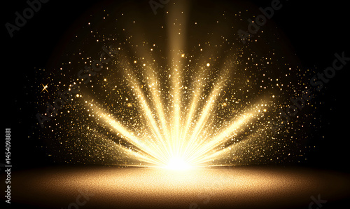 Golden glow emanating upwards, resembling a sunburst. Particles add to the dramatic effect