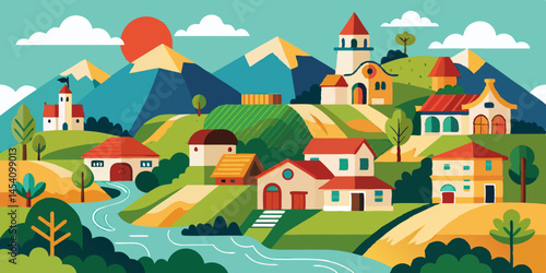 Colorful cartoon village, whimsical houses, curvy roads, vibrant landscape, playful architecture, rounded shapes, cheerful colors, cloud-dotted sky, toy-like buildings, miniature town