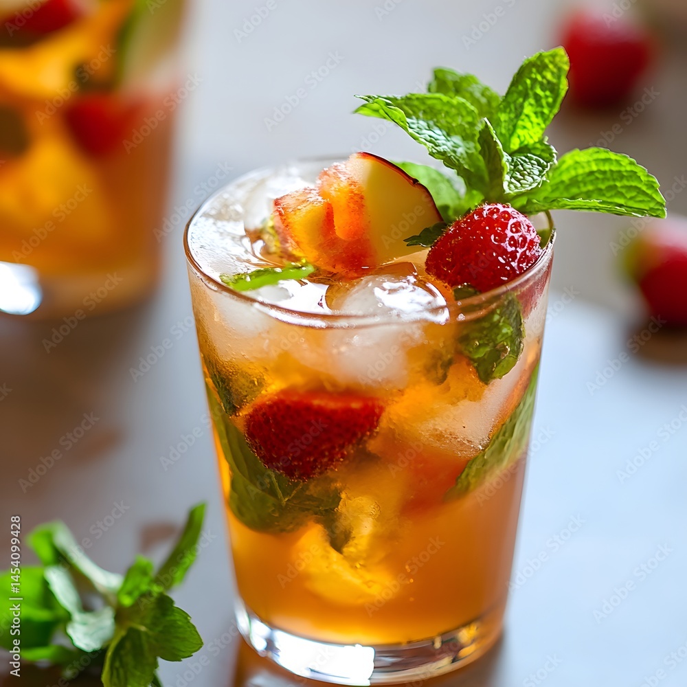 Refreshing summer sangria with peach and mint, selective focus. Iced tea cocktail with strawberries and mint. Refreshing summer sangria with peach and mint, selective focus. Iced tea cocktail with strawberries and mint.