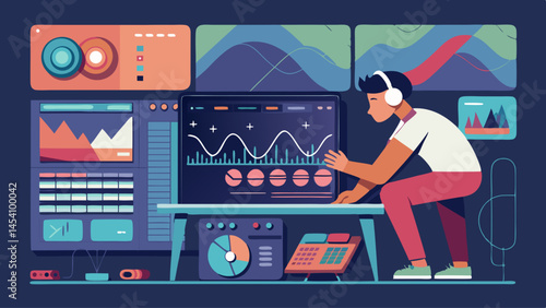 A man is standing in front of a computer monitor with a lot of graphs and numbers. He is wearing headphones and he is working on some kind of music or sound production
