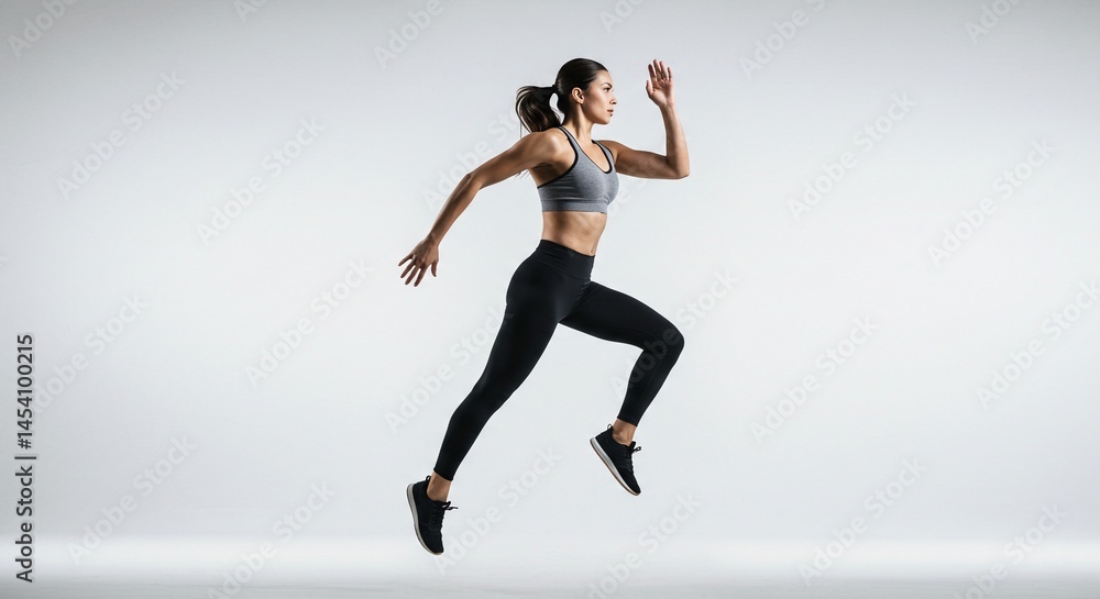 Dynamic athletic woman mid-sprint, showcasing strength and fitness in a studio setting. Poised for speed and agility training. Motivation & Drive. Dynamic athletic woman mid-sprint, showcasing strength and fitness in a studio setting. Poised for speed and agility training. Motivation & Drive.