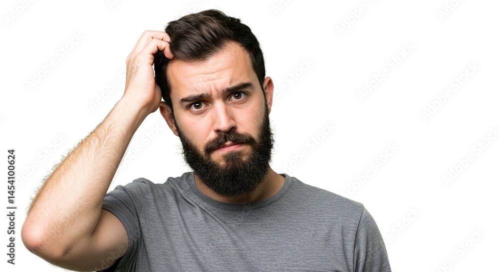 A perplexed man with a beard scratches his head, appearing deep in thought or confusion against a stark white background. A perplexed man with a beard scratches his head, appearing deep in thought or confusion against a stark white background.