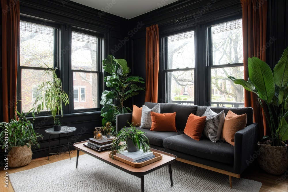 A cozy living room with a sofa, plants, coffee table, and three windows A cozy living room with a sofa, plants, coffee table, and three windows