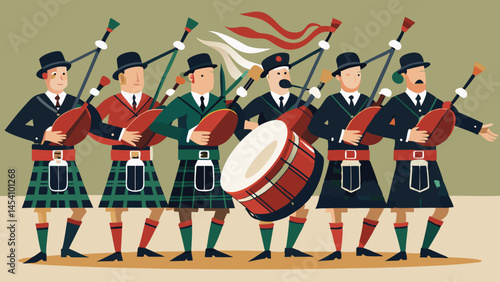 A group of men dressed in traditional Scottish clothing are playing instruments, including drums and bagpipes
