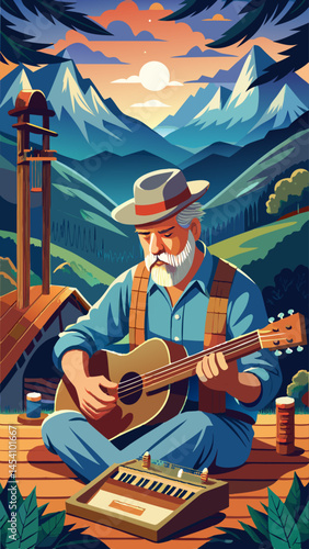A man is playing a guitar in a forest. The sky is dark and cloudy. The man is sitting on a bench
