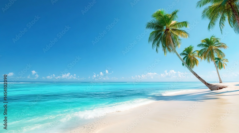 Photograph of a serene tropical beach with turquoise water, white sand, and two palm trees under a clear blue sky. Photograph of a serene tropical beach with turquoise water, white sand, and two palm trees under a clear blue sky.