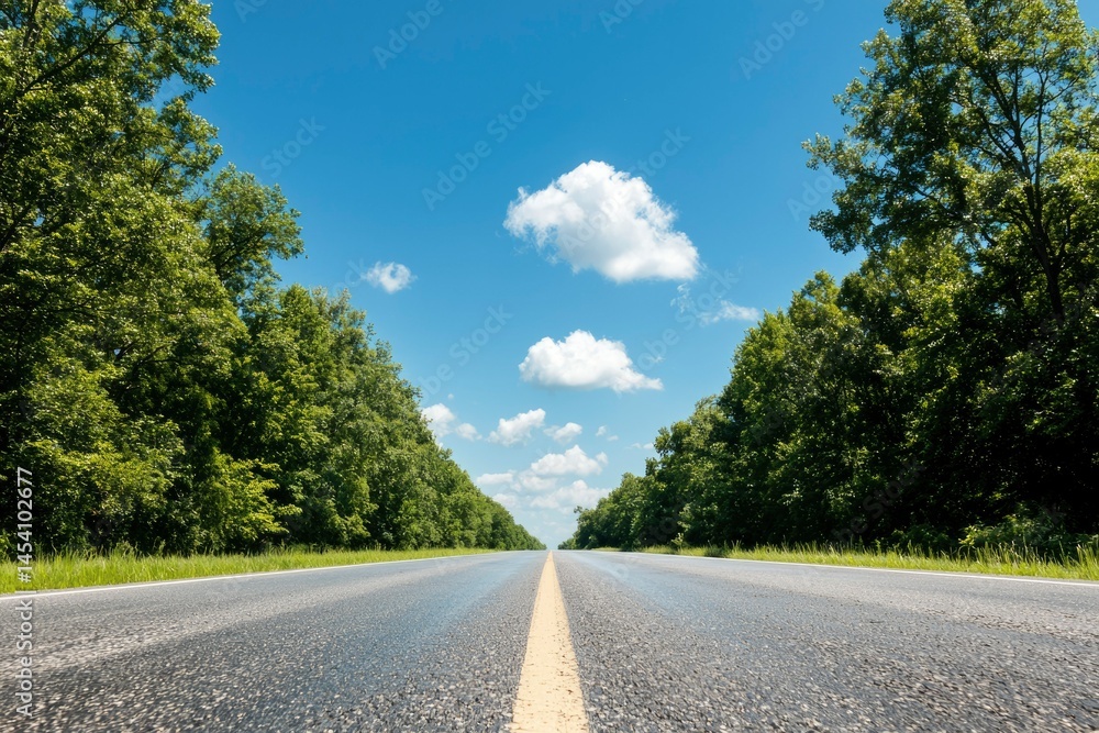 Long, straight road leads into the horizon, lined with lush, green trees and blue sky above Long, straight road leads into the horizon, lined with lush, green trees and blue sky above