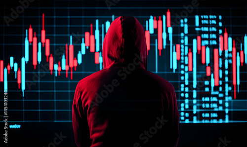 Person hooded in red, facing a financial stock chart background with red and blue lines