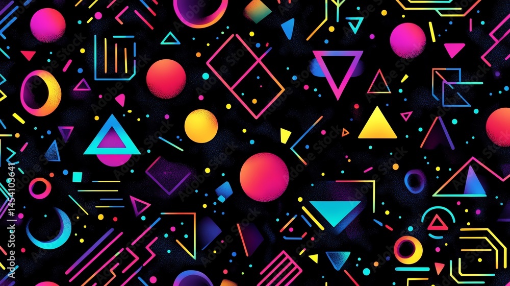 Digital illustration of a geometric pattern with vibrant circles and triangles on a black background.
