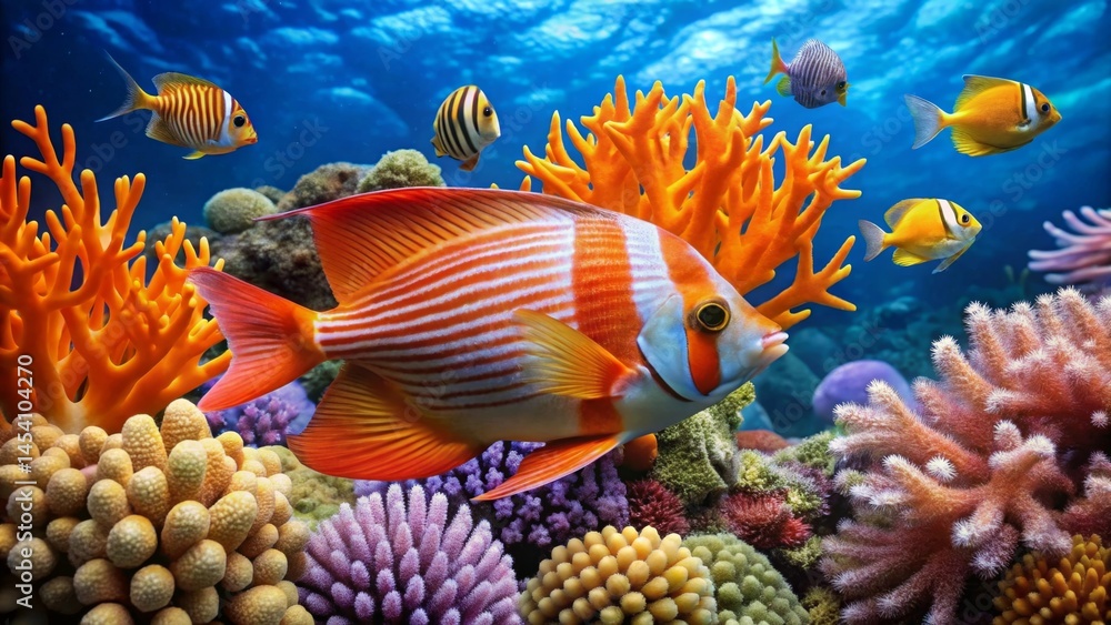 Vibrant Reef Scene Featuring a Striking Orange and White Striped Fish Surrounded by a Variety of Colorful Corals and Other Tropical Fish Vibrant Reef Scene Featuring a Striking Orange and White Striped Fish Surrounded by a Variety of Colorful Corals and Other Tropical Fish