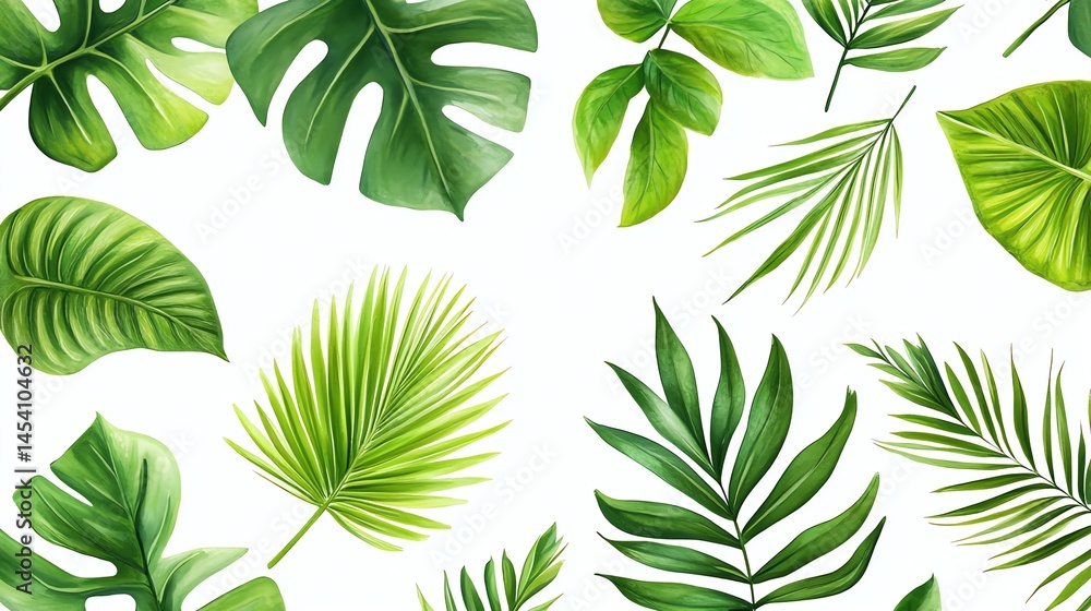 Digital illustration of lush tropical leaves on a white background, featuring monstera and palm fronds. Digital illustration of lush tropical leaves on a white background, featuring monstera and palm fronds.