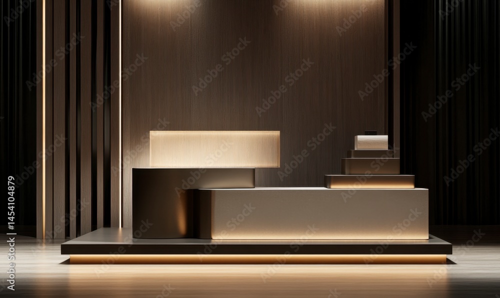 Obraz premium Sleek Modern Reception Desk in Elegant Interior with Soft Lighting