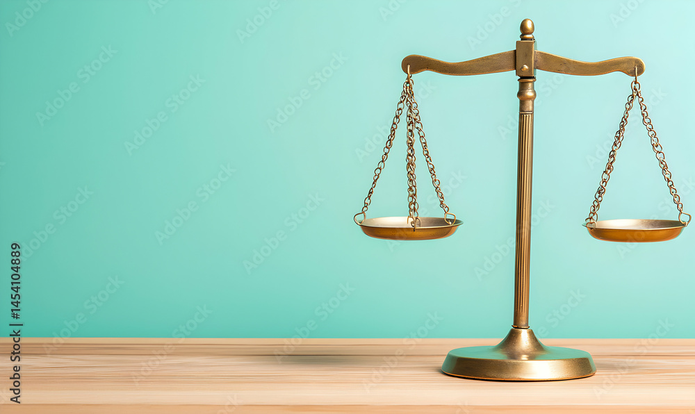 Scales of Justice Golden scales stand balanced against a serene blue backdrop, symbolizing fairness and impartiality on wood table Scales of Justice Golden scales stand balanced against a serene blue backdrop, symbolizing fairness and impartiality on wood table