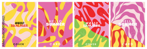 Doodle concept spring to summer greeting cards set plants, leaves, flowers art. Coloful style celebration template poster, banner, covers, ads, branding, labels, print collection wallpaper art