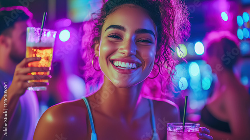 A cheerful woman smiles holding a cocktail in a lively, illuminated nightclub with friends celebrating together under colorful lights.