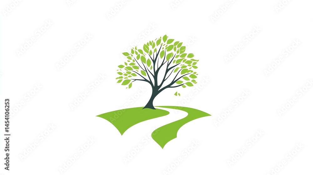 Obraz premium Digital illustration of a tree with leaves on a curved path on a green hill.