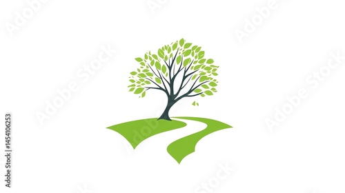 Digital illustration of a tree with leaves on a curved path on a green hill.