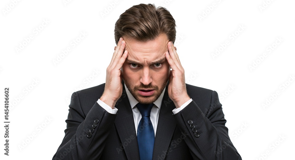 Stressed, concerned and overwhelmed business professional in formal attire holding his temples on a white background exhibiting pressure. Stressed, concerned and overwhelmed business professional in formal attire holding his temples on a white background exhibiting pressure.