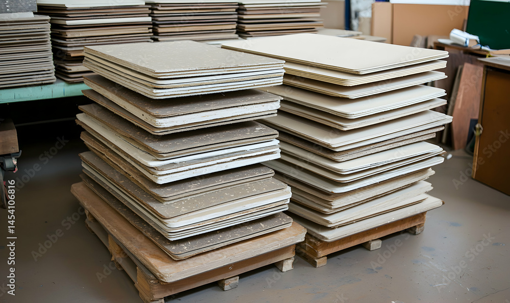 Obraz premium Stacks of square boards. Boards piled high on pallets, possibly for manufacturing. Textural, neutral tones