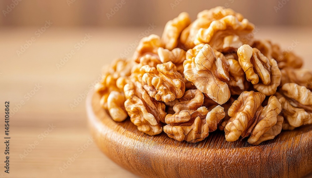 Heap of walnut halves on wooden surface. Close-up, detailed texture of the kernels Heap of walnut halves on wooden surface. Close-up, detailed texture of the kernels
