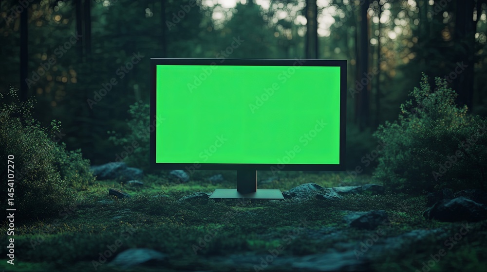 Fototapeta premium Green Screen Computer Mockup in Forest - Technology Concept