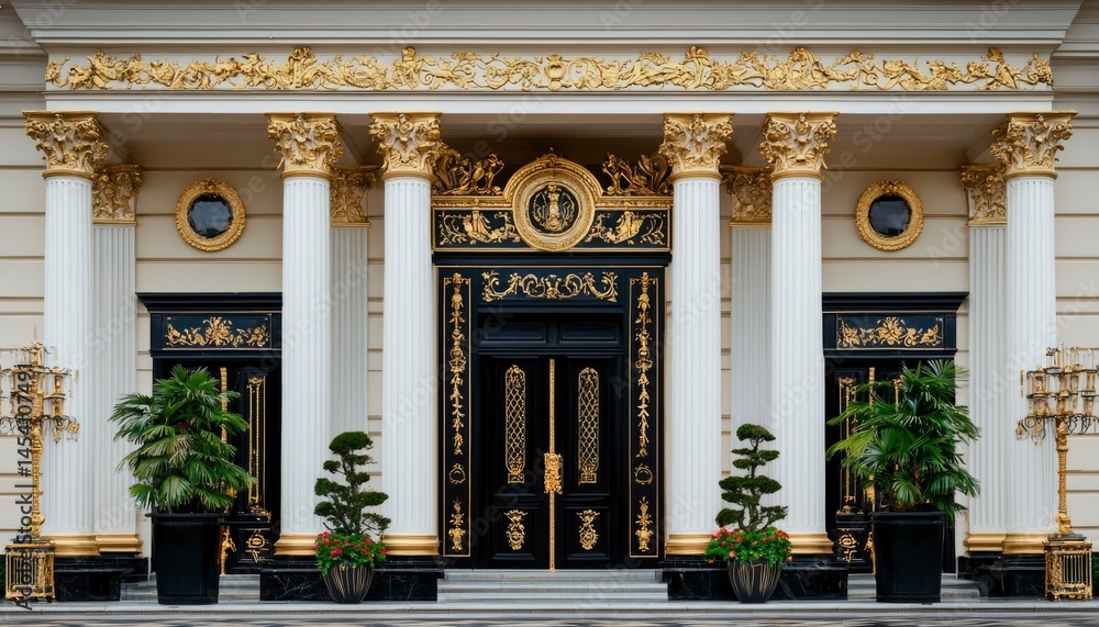 Obraz premium Ornate building entrance with gilded accents, symmetrical design, and potted plants
