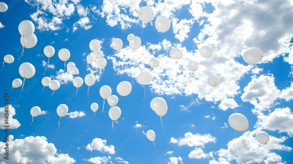 White balloons drifting upwards against a vibrant blue sky backdrop White balloons drifting upwards against a vibrant blue sky backdrop