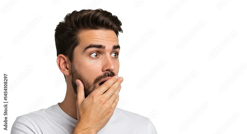 A man looking to the left with a surprised expression and hand covering his mouth, set against a plain white background A man looking to the left with a surprised expression and hand covering his mouth, set against a plain white background