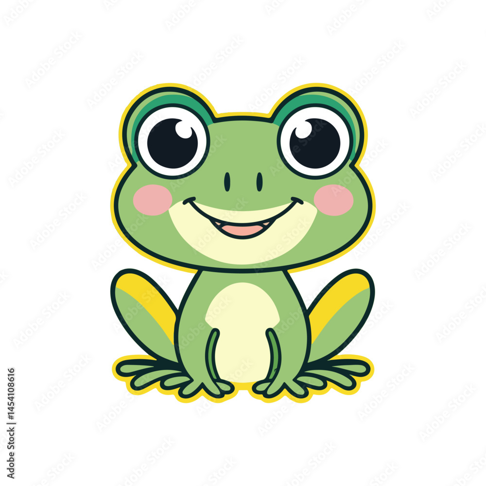 A cheerful, bright green cartoon frog with large, round eyes and rosy cheeks is smiling. It has darker green markings on its back and yellow accents on its legs. A cheerful, bright green cartoon frog with large, round eyes and rosy cheeks is smiling. It has darker green markings on its back and yellow accents on its legs.