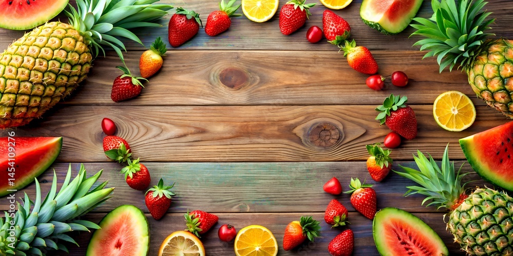 Fototapeta premium Vibrant Array of Fresh Tropical Fruits Including Pineapple Watermelon Strawberries and Lemons