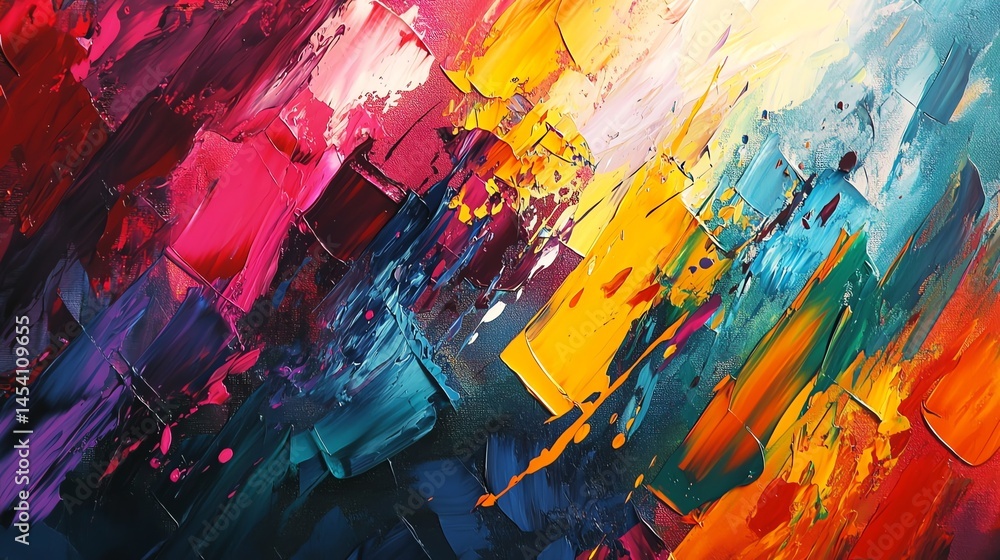 Painting of vibrant, dynamic abstract shapes with bold color blocks and textured brushstrokes. Painting of vibrant, dynamic abstract shapes with bold color blocks and textured brushstrokes.
