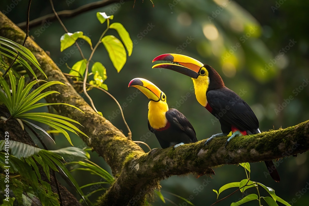 Fototapeta premium Toucan sitting on the branch in the forest, green vegetation, Costa Rica. Nature travel in central America. Two Keel-billed Toucan, Ramphastos sulfuratus, pair of bird with big bill.