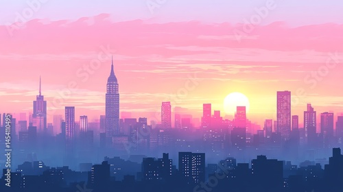 Digital illustration of a cityscape at sunset with towering buildings and a radiant sun.