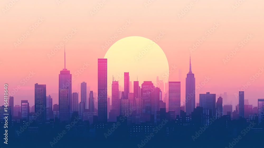 Fototapeta premium Digital illustration of a silhouetted cityscape under a bright sun.