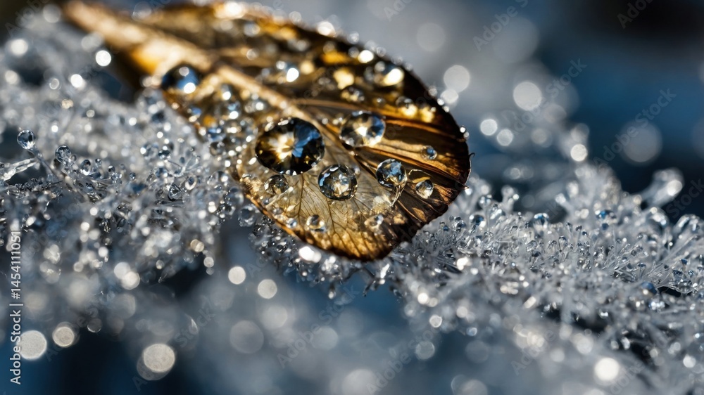 Frozen leaf with sparkling water droplets rests upon icy branch in wintry outdoor environment featuring sunlit details Frozen leaf with sparkling water droplets rests upon icy branch in wintry outdoor environment featuring sunlit details