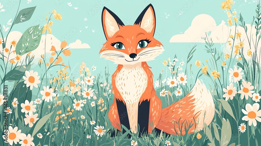 Fototapeta premium Digital illustration of a cute fox amidst a field of white and yellow daisies under a blue sky.