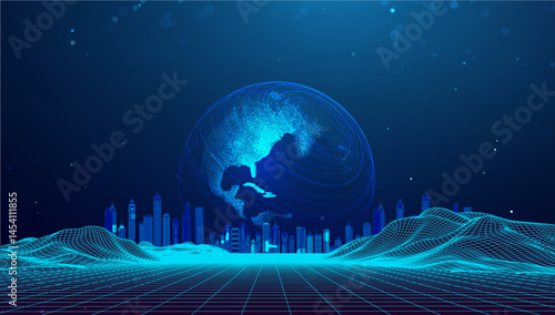 Background World Tech Network Globe Map Global Abstract Connect Future. Vector earth design highlights digital data flow. Futuristic AI hologram energy innovation.