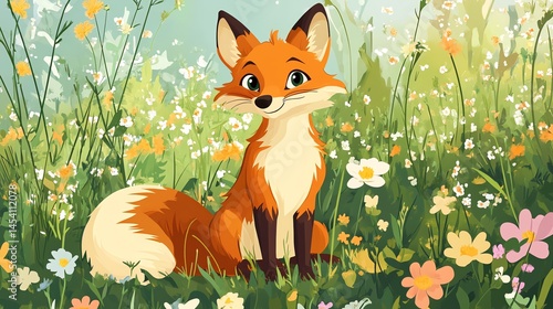 Digital illustration depicts a cute fox amidst a field of colorful flowers.